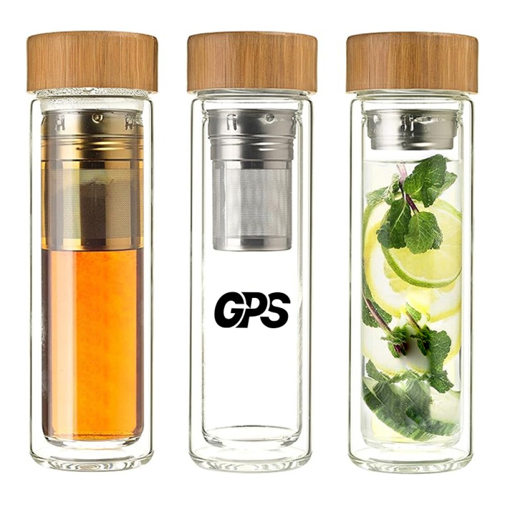 450ml double wall high borosilicate glass water bottle with bamboo lid