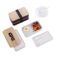 Eco-Friendly Bamboo Lid Bento Double Decker With Wheat Tableware