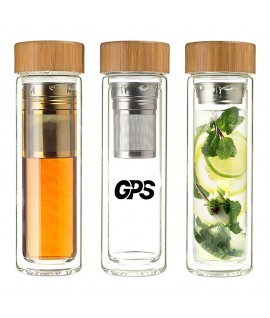 450ml double wall high borosilicate glass water bottle with bamboo lid